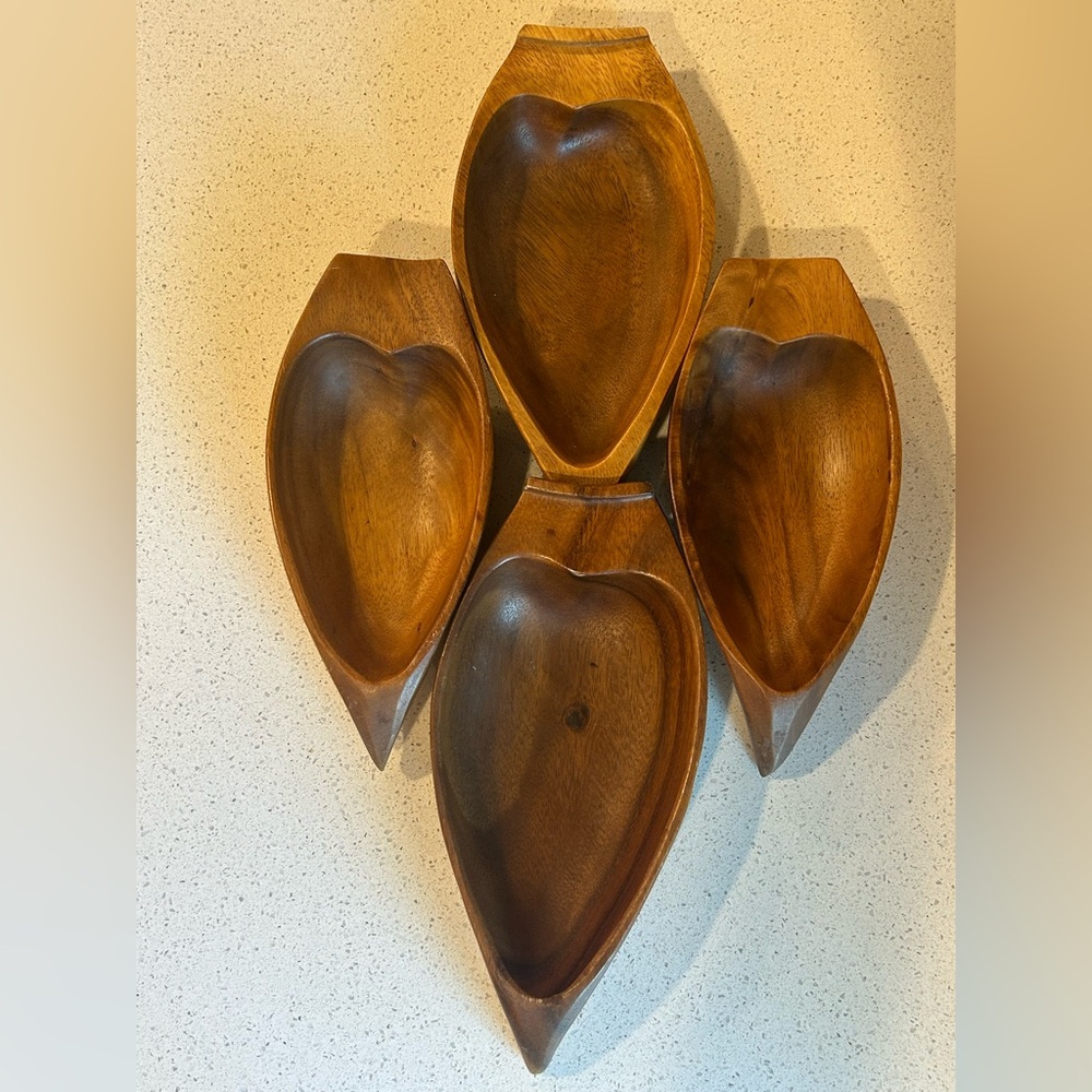 Set of Four Heart-Shaped Wooden Bowls